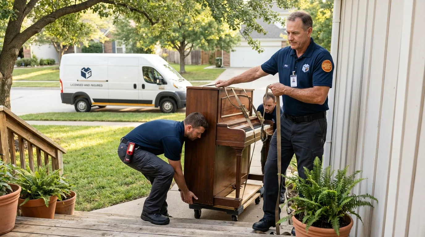 Licensed piano movers securing grand piano in Hartville, OH
