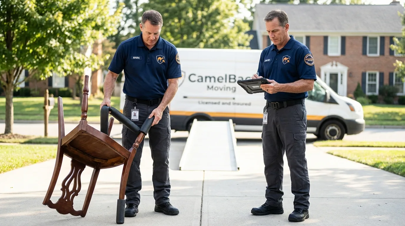 Movers inspecting furniture for damage prevention before loading in Hartville, OH