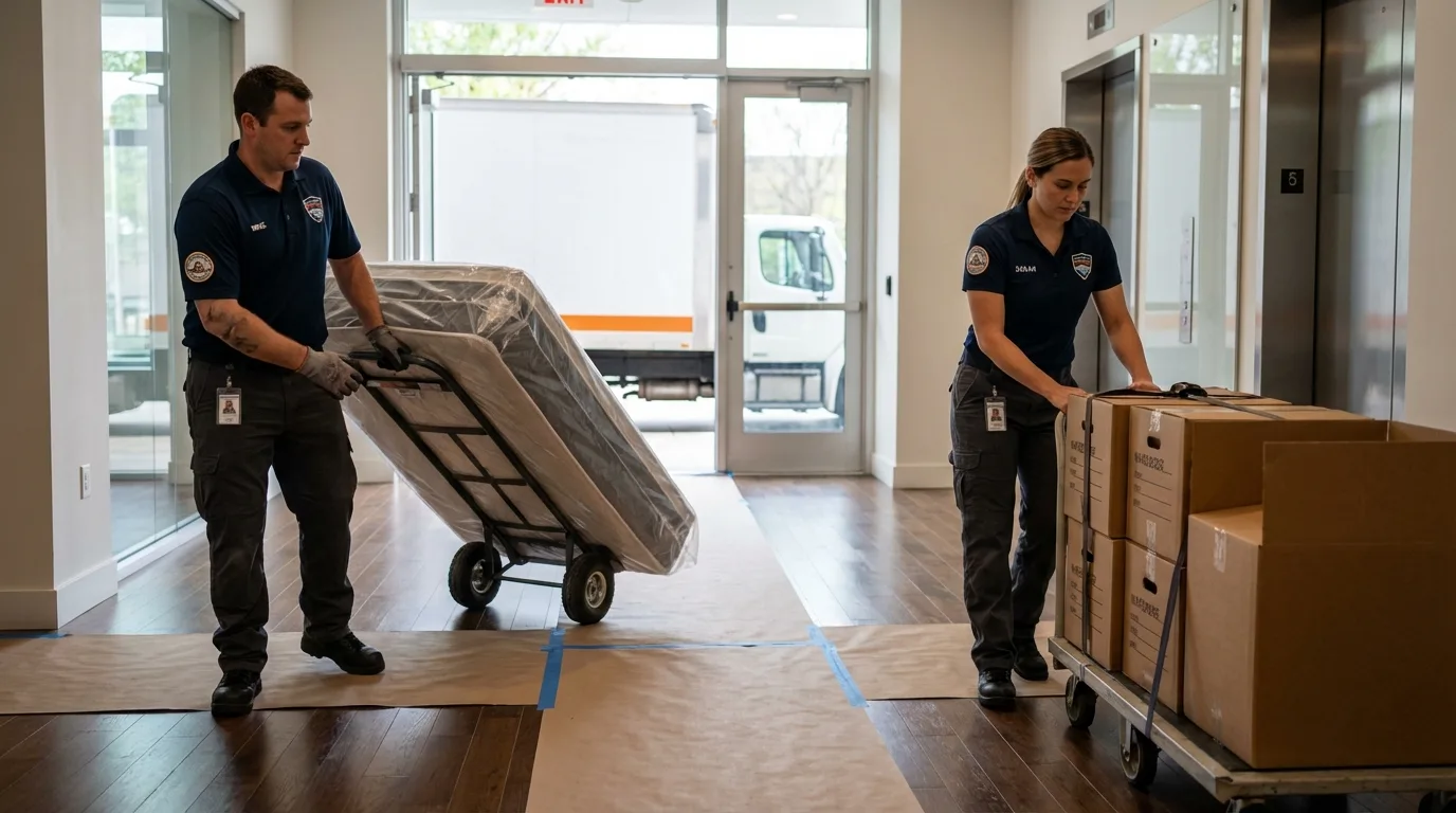 Professional apartment movers loading elevator in Hartville, OH