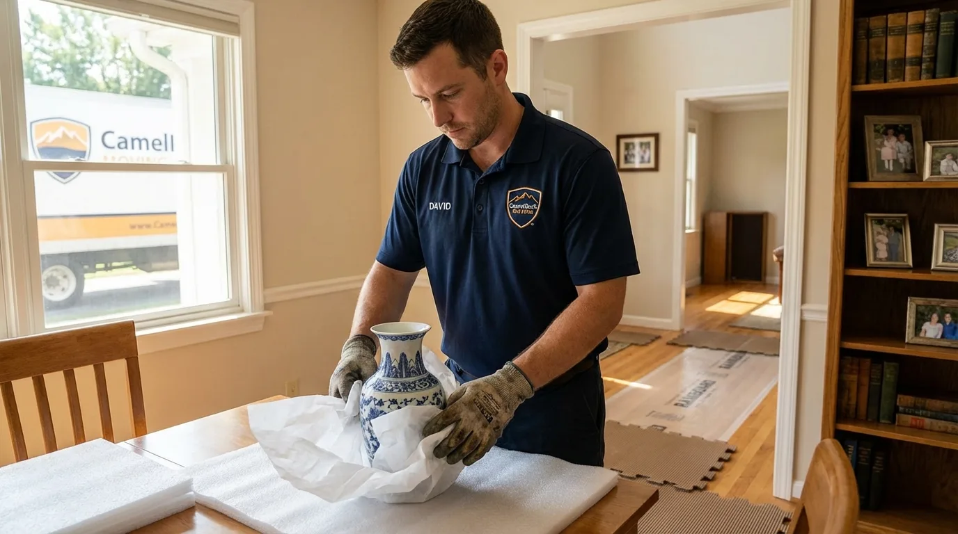 Professional crew carefully wrapping antique vase for senior downsizing move in Hartville, OH